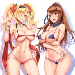 Rule 34 | 2girls, akitsuki karasu, arms under breasts, asymmetrical bangs, bangle, bare shoulders, beatrix (granblue fantasy), bikini, blonde hair, blue bikini, blue eyes, blush, bracelet, breasts, brown eyes, brown hair, cleavage, collarbone, commentary request, contrapposto, cowboy shot, detached collar, embarrassed, eyewear on head, flower, flying sweatdrops, gluteal fold, granblue fantasy, grin, groin, hair flower, hair ornament, hair ribbon, hair scrunchie, hairband, hibiscus, highres, jewelry, large breasts, long hair, looking at viewer, micro bikini, multiple girls, navel, o-ring, o-ring top, one eye closed, open mouth, ponytail, red bikini, ribbon, scrunchie, sidelocks, simple background, smile, stomach, swept bangs, swimsuit, thighs, twintails, v, white background, zeta (granblue fantasy)