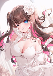 Rule 34 | 1girl, bare shoulders, bison cangshu, blue eyes, breasts, brown hair, cleavage, commentary, detached sleeves, dress, elbow gloves, english commentary, gloves, grin, highres, long hair, looking at viewer, medium breasts, multicolored hair, original, pink hair, puffy short sleeves, puffy sleeves, short sleeves, smile, solo, strapless, strapless dress, two-tone hair, two side up, very long hair, virtual youtuber, white dress, white gloves, white sleeves