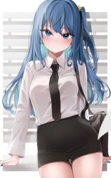 Rule 34 | 1girl, absurdres, alternate costume, arm support, bag, black necktie, black skirt, window blinds, blue eyes, blue hair, blue nails, blush, breasts, closed mouth, collared shirt, duplicate, hair ornament, hair ribbon, handbag, highres, hololive, hoshimachi suisei, leaning back, long hair, long sleeves, looking at viewer, medium breasts, miniskirt, necktie, office lady, official alternate hair length, official alternate hairstyle, one side up, pencil skirt, pixel-perfect duplicate, ribbon, scarlet (wv0102), shirt, shirt tucked in, skirt, solo, star (symbol), star hair ornament, star in eye, symbol in eye, thighs, virtual youtuber, wavy hair, white shirt, window
