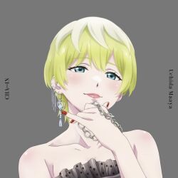 Rule 34 | album cover, bare arms, bare shoulders, blue eyes, blush, close-up, cover, earrings, green hair, izumo tenka, jewelry, looking at viewer, mato seihei no slave, official art, red nails, short hair, uchida maaya