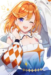 Rule 34 | 1girl, ;d, arm up, blue dress, blush, breasts, cleavage, collarbone, commentary request, dress, goroo (eneosu), hair between eyes, highres, jacket, long sleeves, love live!, love live! superstar!!, one eye closed, open clothes, open jacket, open mouth, orange hair, puffy long sleeves, puffy sleeves, purple eyes, shibuya kanon, simple background, sleeveless, sleeveless dress, small breasts, smile, solo, star (symbol), teeth, upper teeth only, white background, white jacket