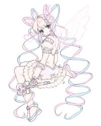 Rule 34 | 1girl, alternate costume, blonde hair, blue bow, blue eyes, blue hair, bow, choker, chouzetsusaikawa tenshi-chan, commentary request, dress, feathered wings, frilled dress, frills, full body, hair bow, halo, heart, holding, holding wand, long hair, looking at viewer, multicolored hair, needy girl overdose, pink bow, pink hair, purple bow, quad tails, ribbon, shoes, simple background, sitting, smile, solo, twintails, u emper, very long hair, wand, white background, white dress, wings