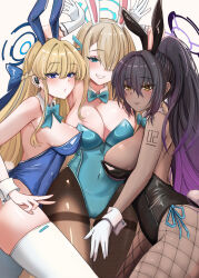 Rule 34 | 3girls, absurdres, animal ears, asuna (blue archive), asuna (bunny) (blue archive), black hair, black leotard, blonde hair, blue archive, blue eyes, blue leotard, bow, breasts, dark-skinned female, dark skin, detached collar, fake animal ears, fishnet pantyhose, fishnets, gloves, hair over one eye, halo, highleg, highleg leotard, highres, karin (blue archive), karin (bunny) (blue archive), large breasts, leotard, long hair, looking at viewer, michill 1121, multiple girls, official alternate costume, pantyhose, playboy bunny, rabbit ears, rabbit pose, smile, strapless, strapless leotard, thigh gap, thighband pantyhose, thighhighs, toki (blue archive), toki (bunny) (blue archive), v, very long hair, white gloves, white thighhighs, wrist cuffs, yellow eyes