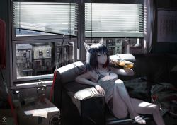 Rule 34 | 1girl, a0lp, alcohol, animal ear fluff, animal ears, arknights, artist name, bare legs, bare shoulders, barefoot, black bra, black hair, black shorts, window blinds, blush, bottle, box, bra, breasts, camisole, couch, day, highres, holding, holding bottle, indoors, leg up, long hair, medium breasts, on couch, plant, potted plant, shorts, sitting, solo, texas (arknights), underwear, window, wolf ears