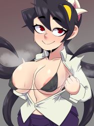 Rule 34 | 1girl, absurdres, breasts, breasts out, filia (skullgirls), highres, huge breasts, large areolae, living hair, long hair, nipples, painting fish, purple hair, red eyes, samson (skullgirls), skullgirls, solo, sweat, thick thighs, thighs, wide hips