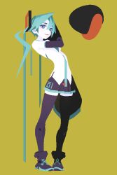 Rule 34 | 1girl, aqua hair, aqua necktie, arm behind head, bare shoulders, black footwear, black skirt, black sleeves, black thighhighs, blue eyes, boots, closed mouth, commentary, detached sleeves, eyelashes, full body, hair ornament, hatsune miku, highres, knees, long hair, long sleeves, miniskirt, necktie, pale skin, pleated skirt, red lips, sentakki, shirt, simple background, skirt, sleeveless, sleeveless shirt, sleeves past fingers, sleeves past wrists, solo, standing, thighhighs, tie clip, twintails, very long hair, vocaloid, white shirt, wide sleeves, yellow background