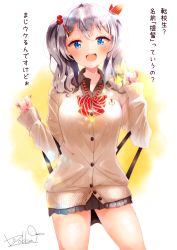 Rule 34 | 10s, 1girl, :d, alternate costume, anchor hair ornament, artist name, blue eyes, bow, breasts, cardigan, fake nails, gyaru, hair bobbles, hair ornament, hairclip, highres, ichijo rei, kantai collection, kashima (kancolle), kogal, large breasts, long hair, looking at viewer, miniskirt, open mouth, school uniform, signature, silver hair, skirt, smile, solo, text focus, translation request, twintails, wavy hair