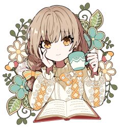 Rule 34 | 1girl, book, braid, brown hair, cup, elina (e2n04n), hand on own face, holding, holding cup, long hair, low twin braids, original, solo, sweater, twin braids