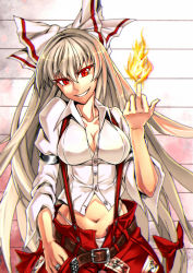 Rule 34 | 1girl, armband, belt, belt buckle, bow, breasts, buckle, buttons, cleavage, collarbone, collared shirt, eyelashes, fire, fujiwara no mokou, grey hair, hair between eyes, hair bow, hair ribbon, hand in pocket, hand up, head tilt, highleg, highleg panties, impossible clothes, impossible shirt, jewelry, long hair, long sleeves, middle finger, midriff, navel, ofuda, ofuda on clothes, open clothes, open pants, panties, pants, parted lips, partially unbuttoned, red bow, red eyes, red pants, red ribbon, ribbon, ring, shirt, sleeves rolled up, smile, solo, standing, stomach, suspenders, sw (2311550438), touhou, tsurime, underwear, unzipped, upper body, very long hair, white panties, white shirt, wing collar, zipper