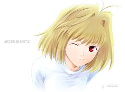 Rule 34 | 00s, 1girl, ;), antenna hair, arcueid brunestud, blonde hair, close-up, closed mouth, hair intakes, one eye closed, portrait, red eyes, shirotsumekusa, short hair, simple background, smile, solo, sweater, tsukihime, upper body, white background
