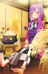 Rule 34 | 1girl, aiuabo, anklet, barefoot, bibi (tokoyami towa), blurry, blurry foreground, braid, braided ponytail, closed mouth, demon tail, depth of field, feet, green eyes, hair ornament, hair over shoulder, hairclip, haori, highres, hololive, indoors, japanese clothes, jewelry, kimono, knees together feet apart, long sleeves, looking at viewer, multicolored hair, nail polish, obi, official alternate costume, parted bangs, piercing, pink hair, pink nails, purple hair, purple sash, sash, shadow, sitting, smile, solo, streaked hair, tail, tail ornament, tail piercing, toenail polish, toenails, toes, tokoyami towa, tokoyami towa (new year), virtual youtuber, wide sleeves, x hair ornament