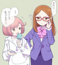 Rule 34 | adjusting eyewear, akai meganee, bow, brown eyes, brown hair, commentary request, food, frown, glasses, grey background, hand on eyewear, hand on own hip, hand up, holding, holding food, holding popsicle, hood, hood down, index finger raised, jacket, kiratto pri chan, long hair, long sleeves, looking to the side, open mouth, pink bow, pink hair, popsicle, pretty series, purple jacket, purple skirt, red-framed eyewear, shiawase naru, shirt, short hair, simple background, skirt, smile, speech bubble, standing, terayamaden, thought bubble, translation request, upper body, v-shaped eyebrows, white shirt