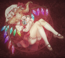 Rule 34 | 1girl, adapted costume, bitaro, blonde hair, bloomers, character doll, closed mouth, crystal, dress, flandre scarlet, from side, full body, glowing, glowing wings, hat, juliet sleeves, kneehighs, light smile, long sleeves, looking at viewer, mary janes, medium hair, mob cap, multicolored wings, one side up, puffy sleeves, red background, red dress, red eyes, red footwear, red theme, remilia scarlet, shirt, shoes, sleeve ribbon, socks, solo, touhou, underwear, white bloomers, white headwear, white shirt, white socks, wings
