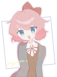 Rule 34 | 1girl, :d, anzen robo (474zz), arms behind back, blue eyes, bob cut, bow, doki doki literature club, highres, jacket, looking at viewer, messy hair, open clothes, open jacket, open mouth, orange hair, red bow, sayori (doki doki literature club), school uniform, shirt, smile, twitter username, upper body, white background, white shirt