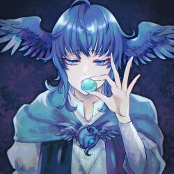 Rule 34 | 1girl, ahoge, between fingers, bird wings, blue background, blue capelet, blue eyes, blue gemstone, blue hair, brooch, capelet, collared shirt, feathered wings, final fantasy, final fantasy xiv, fosaster fenrir, gem, half-closed eyes, hand up, head wings, highres, holding, holding planet, jewelry, long sleeves, meteion, open mouth, shirt, short hair, simple background, solo, straight-on, upper body, white shirt, wings