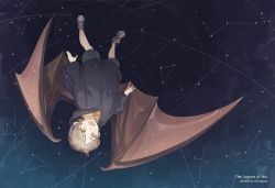 Rule 34 | black hoodie, black shorts, character request, commentary request, constellation, copyright name, gender request, hood, hood down, hoodie, long sleeves, open mouth, shirogane750, shorts, smile, solo, star (sky), luo xiaohei zhanji, upside-down, wings, yellow eyes