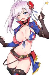 Rule 34 | 1girl, absurdres, american flag bikini, american flag print, asymmetrical hair, bad id, bad pixiv id, belt, bikini, black gloves, blue jacket, boots, breasts, bun cover, commentary request, cowboy shot, cropped jacket, fate/grand order, fate (series), fingerless gloves, flag print, front-tie bikini top, front-tie top, gloves, green eyes, hair bun, highres, ichi-jirushi, index finger raised, jacket, large breasts, long hair, looking at viewer, miyamoto musashi (fate), miyamoto musashi (fate/grand order), miyamoto musashi (swimsuit berserker) (fate), miyamoto musashi (swimsuit berserker) (second ascension) (fate), one eye closed, pink hair, print bikini, side ponytail, simple background, single hair bun, smile, solo, standing, stomach, swimsuit, thigh boots, thighhighs, white background