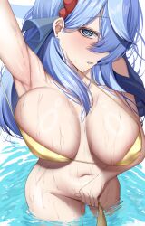Rule 34 | 1girl, ako (blue archive), arm up, armpits, bad link, bikini, blue archive, blue eyes, blue hair, blush, breasts, hair over one eye, hairband, halo, highres, huge breasts, long hair, looking at viewer, navel, ocean, ribbon, solo, swimsuit, tomi27, wet, yellow bikini