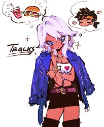 Rule 34 | 1girl, :o, belt, black footwear, black hair, black skirt, blue eyes, blue jacket, blush, boots, breasts, burger, character name, cleavage, cup, disposable cup, drinking straw, finger to cheek, food, genderswap, genderswap (mtf), head tilt, headband, holding own arm, humanization, i heart..., jacket, jacket on shoulders, jewelry, leather, leather jacket, low ponytail, medium breasts, mu (meatfriedsteak), necklace, orange headband, purple belt, purple hair, skirt, solo focus, sparkle, strapless, thigh boots, tracks (transformers), transformers, tube top, wcdonald&#039;s, white tube top