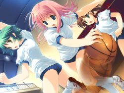 Rule 34 | 00s, 3girls, ball, basketball, basketball (object), blue eyes, buruma, game cg, gym uniform, kneehighs, milfa (to heart), mitsumi misato, multiple girls, open mouth, pink hair, socks, to heart (series), to heart 2, to heart 2 ad, wallpaper