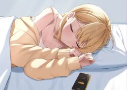 Rule 34 | 1girl, ahoge, blonde hair, camisole, cellphone, closed eyes, highres, hololive, hololive dev is, jacket, long hair, lying, on bed, on side, otonose kanade, phone, pillow, roridaitouryou, sleeping, smartphone, under covers, virtual youtuber, white camisole, yellow jacket