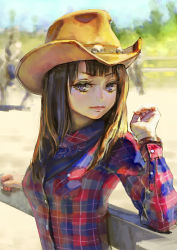 Rule 34 | 1girl, against fence, aro (charged time out), bad id, bad pixiv id, blue eyes, bracelet, breasts, brown hair, close-up, cowboy hat, fence, hat, jewelry, lips, long hair, looking at viewer, original, plaid, plaid shirt, portrait, shirt, sketch, solo, upper body