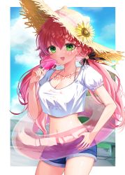 Rule 34 | 1girl, 35p (sakura miko), :3, absurdres, ahoge, animal hat, bikini, bikini under clothes, black ribbon, blue shorts, breasts, cat hair ornament, cat hat, cleavage, cloud, crop top, day, denim, denim shorts, flower, food, green eyes, hair between eyes, hair ornament, hair ribbon, hat, hat flower, highres, hololive, ice cream, ineka ka, innertube, lace-trimmed headwear, lace trim, long hair, looking at viewer, low twintails, medium breasts, midriff, navel, outdoors, outside border, pink hair, puffy short sleeves, puffy sleeves, ribbon, sakura miko, scoop neck, shirt, short shorts, short sleeves, shorts, sky, solo, stomach, straw hat, sun hat, sun heeyoung (regressor&#039;s instruction manual), sunflower, swim ring, swimsuit, twintails, v-shaped eyebrows, very long hair, virtual youtuber, white shirt