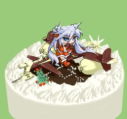 Rule 34 | 1girl, aircraft, airplane, cake, christmas, food, in food, lowres, mini person, minigirl, mof, mof&#039;s silver haired twintailed girl, oekaki, original, pastry, santa costume, silver hair, solo