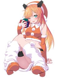 Rule 34 | 1girl, ass, blue eyes, blush, box, breasts, dd (ijigendd), full body, gift, gift box, hat, heart, highres, holding, holding gift, kantai collection, long hair, looking at viewer, loose socks, official alternate costume, one eye closed, open mouth, orange footwear, orange hair, orange hat, pom pom (clothes), salmon (kancolle), santa hat, shoes, simple background, small breasts, smile, socks, solo, white background, white socks