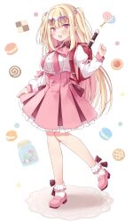 Rule 34 | 1girl, backpack, bag, beads, blonde hair, blush, commission, cookie, dress, elf, eyewear on head, flute, food, hair beads, hair ornament, heart, heart-shaped eyewear, highres, hoshino koucha, indie virtual youtuber, instrument, light blush, long hair, long sleeves, macaron, misuzu kami, open mouth, pink dress, pink eyes, pink footwear, pointy ears, red bag, second-party source, shoes, short twintails, smile, solo, standing, standing on one leg, sunglasses, twintails