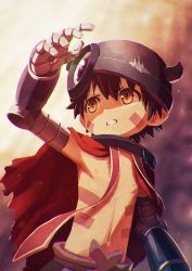Rule 34 | 1boy, arm up, armpits, blurry, blurry background, brown hair, cape, chromatic aberration, fake horns, film grain, helmet, highres, horned helmet, kunitarou-art, made in abyss, male focus, mechanical arms, parted lips, pointy ears, red cape, regu (made in abyss), topless male, solo, sweatdrop, upper body, yellow eyes