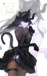 Rule 34 | 1girl, abyssal ship, alternate costume, animal ears, ass, black dress, black gloves, black panties, black pantyhose, blush, breasts, cat ears, cat tail, dated, dress, elbow gloves, fake animal ears, fake tail, gloves, highres, horns, kantai collection, kemonomimi mode, light cruiser princess, long dress, looking at viewer, mask, mochitsuki (mo chooon), panties, panties under pantyhose, pantyhose, paw pose, single horn, small breasts, smile, solo, tail, underwear