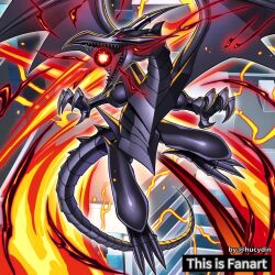 Rule 34 | black skin, black tail, black wings, colored skin, dragon, duel monster, fire, hucydin, no humans, powering up, red-eyes black dragon, solo, wings, yu-gi-oh!