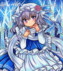 Rule 34 | 1girl, apron, bare tree, blue ribbon, blue skirt, blue vest, cowboy shot, embellished costume, flower, frilled apron, frills, hair between eyes, hat, hat flower, hat ribbon, letty whiterock, light blush, long hair, long sleeves, looking at viewer, marker (medium), mob cap, outdoors, parted lips, pink flower, pink rose, purple eyes, purple hair, ribbon, rose, rui (sugar3), sample watermark, scarf, shirt, skirt, skirt set, snowflakes, snowing, solo, standing, touhou, traditional media, tree, vest, waist apron, watermark, white apron, white hat, white scarf, white shirt, winter