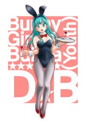 Rule 34 | 1girl, absurdres, animal ears, aqua eyes, aqua hair, bare arms, bare shoulders, black leotard, blush, bow, bowtie, breasts, bulma, character name, cleavage, cocktail glass, cup, detached collar, dragon ball, dragon ball (classic), drinking glass, fake animal ears, full body, grey pantyhose, high heels, highres, leotard, long hair, looking at viewer, macosee, matching hair/eyes, medium breasts, neck, open mouth, pantyhose, playboy bunny, rabbit ears, red bow, red bowtie, red footwear, smile, solo, standing, strapless, strapless leotard, thigh gap, tray, wrist cuffs