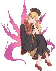Rule 34 | 1girl, black dress, blonde hair, chinese clothes, crescent, dress, energy, full body, hand on own cheek, hand on own face, hand rest, hat, highres, junko (touhou), long hair, looking at viewer, mefomefo, parted lips, red eyes, red footwear, sash, shoes, simple background, solo, tabard, tassel, touhou, very long hair, white background, wide sleeves