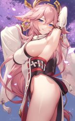 Rule 34 | 1girl, :q, absurdres, animal ears, armpits, arms behind head, arms up, bare shoulders, blush, breasts, detached sleeves, earrings, fox ears, genshin impact, gomashio ponz, hair ornament, highres, jewelry, large breasts, licking lips, long hair, looking at viewer, pendant, pink hair, purple eyes, red skirt, sideboob, sidelocks, skirt, sleeveless, smile, solo, thighs, tongue, tongue out, very long hair, wide sleeves, yae miko