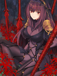 Rule 34 | 1girl, armor, bodysuit, bodysuit under clothes, breasts, covered navel, fate/grand order, fate (series), flower, gae bolg (fate), large breasts, light smile, long hair, looking at viewer, mysterymiharu, pauldrons, polearm, purple bodysuit, purple hair, red eyes, scathach (fate), shoulder armor, spear, spider lily, tree, veil, weapon