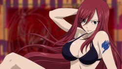 Rule 34 | 1girl, animated, anime screenshot, arm behind head, bikini, bouncing breasts, breasts, cleavage, erza scarlet, fairy tail, female focus, hand on own head, highres, large breasts, long hair, looking at viewer, multiple views, red hair, screencap, swimsuit, tagme, tattoo, very long hair, video