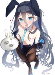 Rule 34 | 1girl, absurdly long hair, animal ears, aris (blue archive), bare shoulders, black hair, black pantyhose, blue archive, blue eyes, blue footwear, blue necktie, breasts, collar, commentary request, cup, detached collar, drinking glass, full body, hair between eyes, heart, highres, holding, holding tray, leotard, light blush, long hair, looking at viewer, necktie, nidaime (doronbo), off shoulder, open mouth, pantyhose, playboy bunny, rabbit ears, simple background, small breasts, smile, solo, standing, tray, very long hair, white background, white collar, white wine, wine, wine glass