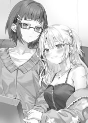 Rule 34 | 2girls, ahoge, armpit crease, bare shoulders, blunt bangs, blush, breasts, cleavage, closed mouth, collarbone, commentary request, couch, earrings, frown, furrowed brow, glasses, greyscale, grin, hair between eyes, hair ornament, hairclip, head tilt, highres, holding hands, jacket, jacket partially removed, jewelry, long hair, looking at viewer, medium breasts, medium hair, miyamae nonoa, momoko (momopoco), monochrome, multiple girls, necklace, novel illustration, official art, on couch, open clothes, open jacket, open mouth, parted bangs, second-party source, semi-rimless eyewear, sidelocks, sitting, smile, star (symbol), star hair ornament, taniyama sayaka, tokidoki bosotto roshia-go de dereru tonari no arya-san