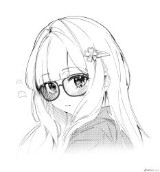 Rule 34 | 1girl, blush, dot nose, from side, glasses, greyscale, hair intakes, hair ornament, hairclip, halftone, hatching (texture), heart, highres, honkai: star rail, honkai (series), linear hatching, long bangs, long hair, looking at viewer, monochrome, parted lips, portrait, smile, solo, sparkle (honkai: star rail), suajeu 1221, twitter username