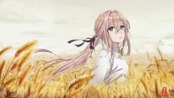 Rule 34 | 1274711628, 1girl, absurdres, black ribbon, blonde hair, blue eyes, chinese commentary, closed mouth, commentary request, hair ribbon, highres, long hair, long sleeves, low ponytail, outdoors, ribbon, scenery, shirt, solo, violet evergarden, violet evergarden (series), watermark, white shirt