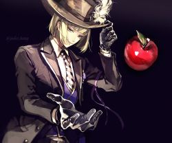 Rule 34 | 1boy, apple, black gloves, blonde hair, food, fruit, gloves, green eyes, hat, hat tip, highres, holding, holding clothes, holding hat, koshika rina, long sleeves, looking at viewer, male focus, necktie, ribbon, rook hunt, shirt, smile, solo, striped necktie, twisted wonderland, vest, waistcoat