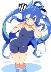 Rule 34 | 1girl, @ @, ahoge, animal ears, blue hair, blue one-piece swimsuit, blush, clenched teeth, commentary request, covered navel, double v, hair ribbon, horse ears, horse girl, horse tail, long hair, looking at viewer, one-piece swimsuit, one eye closed, partially submerged, ribbon, simple background, smile, solo, swimsuit, tail, teeth, tottotonero, twin turbo (umamusume), twintails, umamusume, v, very long hair, water, white background, white ribbon