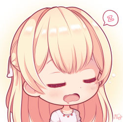 Rule 34 | 1girl, artist name, bang dream!, blonde hair, chibi, closed eyes, collarbone, commentary, drooling, english commentary, hair ribbon, half updo, highres, jewelry, long hair, magyo (idolacircus), mouth drool, necklace, outline, ribbon, shirasagi chisato, shirt, sleeping, solo, spoken zzz, u u, upper body, wavy mouth, white outline, white ribbon, white shirt, yellow theme, zzz