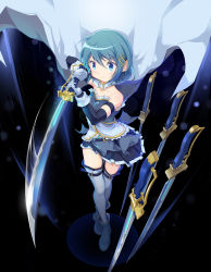 Rule 34 | 1girl, absurdres, ankle boots, bare shoulders, blue eyes, blue footwear, blue hair, blue skirt, blush, boots, cape, closed mouth, commentary, elbow gloves, floating cape, fortissimo, frilled skirt, frills, full body, gloves, hair ornament, highres, holding, holding sword, holding weapon, looking at viewer, magical girl, mahou shoujo madoka magica, mahou shoujo madoka magica (anime), miki sayaka, musical note, musical note hair ornament, seagateee, short hair, skirt, solo, sword, thighhighs, weapon, white cape, white gloves, white thighhighs, zettai ryouiki