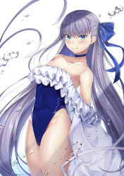 Rule 34 | 1girl, bare shoulders, blue choker, blue one-piece swimsuit, blue ribbon, blush, breasts, choker, closed mouth, collarbone, covered navel, fate/grand order, fate (series), frills, highleg, highleg swimsuit, highres, kotohane, licking lips, long hair, looking at viewer, meltryllis, meltryllis (fate), meltryllis (swimsuit lancer) (fate), meltryllis (swimsuit lancer) (second ascension) (fate), one-piece swimsuit, puffy sleeves, purple hair, ribbon, simple background, sleeves past fingers, sleeves past wrists, small breasts, smile, solo, swimsuit, thighs, tongue, tongue out, water drop, white background, white ribbon