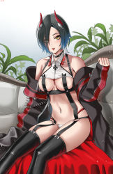 Rule 34 | 1girl, absurdres, areola slip, artist name, azur lane, bad id, bad pixiv id, bare shoulders, black coat, black hair, black thighhighs, blue hair, breast strap, breasts, buko (bukosuki), choker, cleavage, coat, collarbone, collared shirt, commentary, couch, cowboy shot, crop top, cross, eyes visible through hair, garter straps, gradient hair, hair between eyes, hair ornament, hair over one eye, hand up, highres, horns, iron cross, looking at viewer, maebari, medium breasts, multicolored hair, navel, navel piercing, o-ring, off shoulder, piercing, plant, red horns, shirt, short hair, sidelocks, simple background, sitting, skindentation, solo, spiked choker, spikes, stomach, thighhighs, tongue, tongue out, tongue piercing, ulrich von hutten (azur lane), white hair, white shirt, yellow eyes