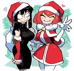 Rule 34 | 2girls, absurdres, bell, black dress, breasts, carla carmilla (rariatto), christmas, cocked eyebrow, cropped legs, detached sleeves, dress, closed eyes, fangs, gloves, hat, heart, highres, long fingers, long hair, multiple girls, neck bell, noss (rariatto), open hands, original, outside border, pantyhose, rariatto (ganguri), red hair, red sleeves, ribbed dress, sack, santa dress, santa hat, vampire, wavy mouth, white bag, white gloves, white legwear